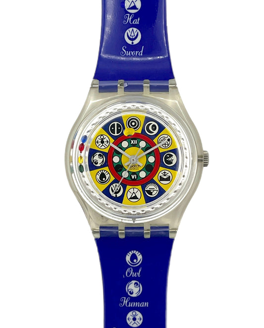 Watch with colorful face and blue strap on a white background