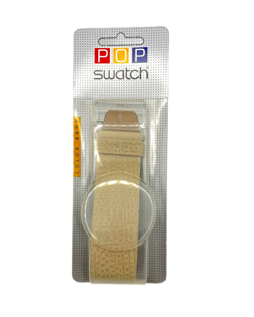 Beige watch strap in packaging with 'POP Swatch' branding on a white background