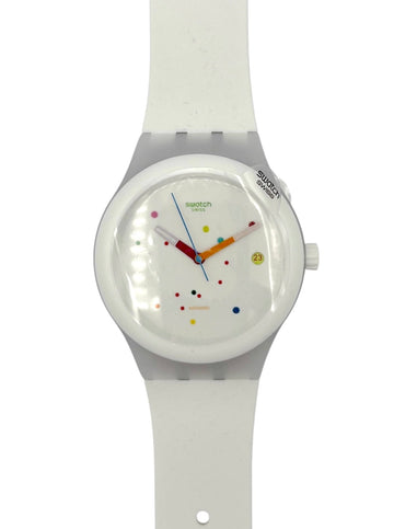 White Swatch Sistem 51 automatic watch with colorful face on a white background