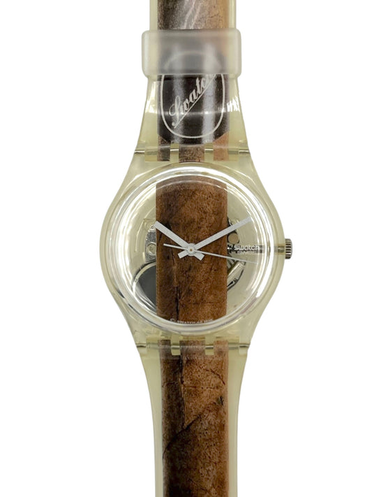 Watch with a transparent strap and wooden design on a white background