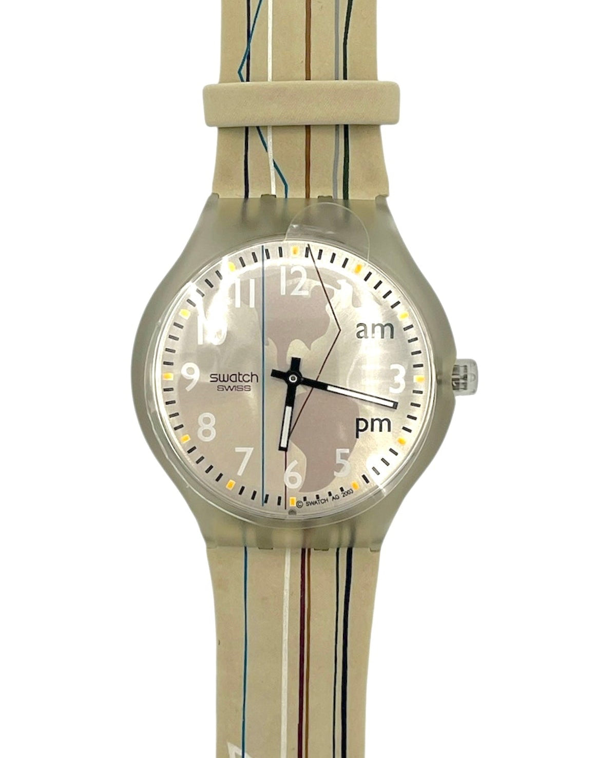 Swatch watch with beige strap and light face on a white background