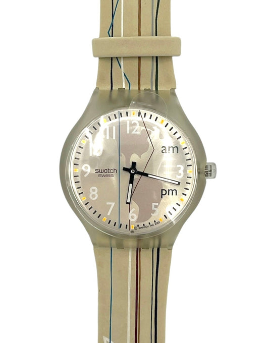 Swatch watch with beige strap and light face on a white background