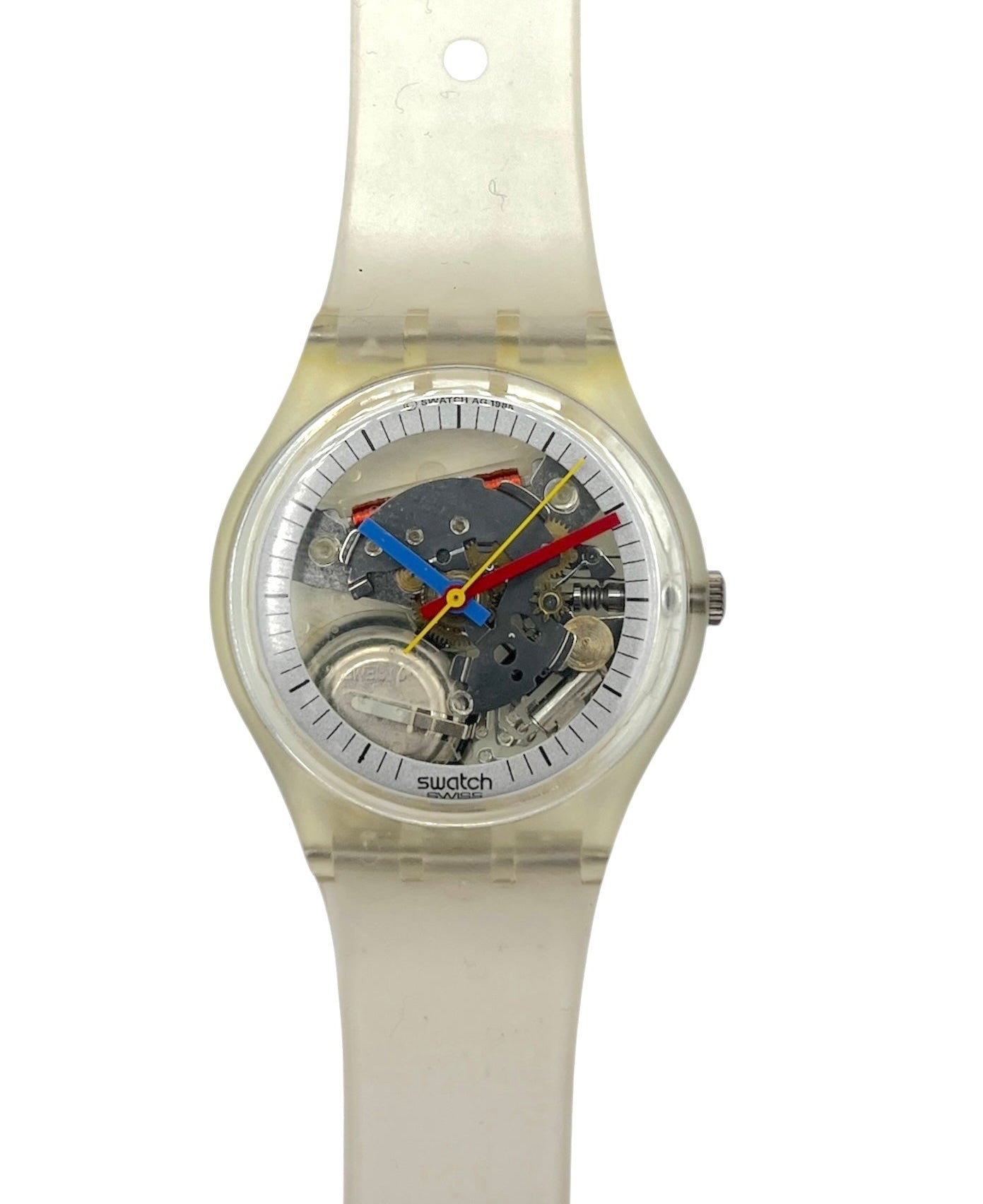 Swatch watch with a clear strap on a white background
