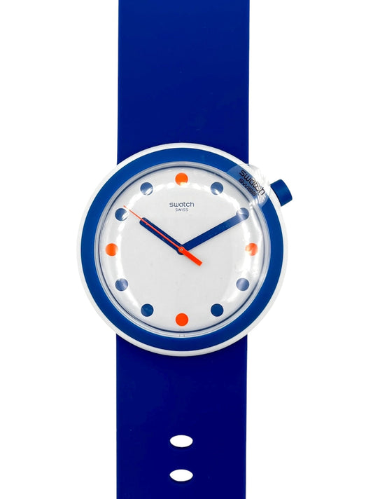 Swatch watch with blue strap and white face on a white background