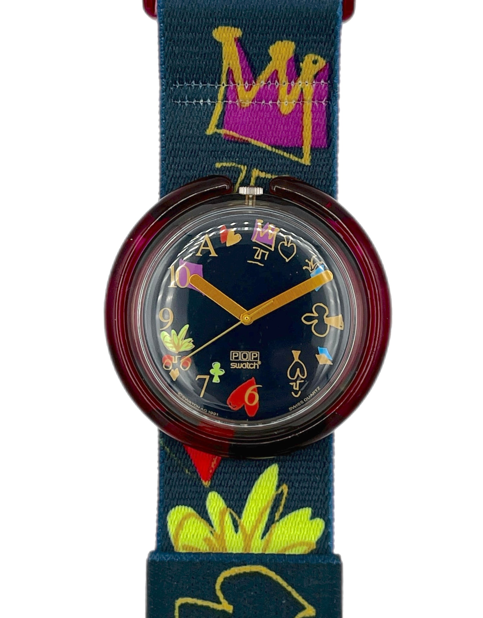 Watch with colorful floral design on a white background