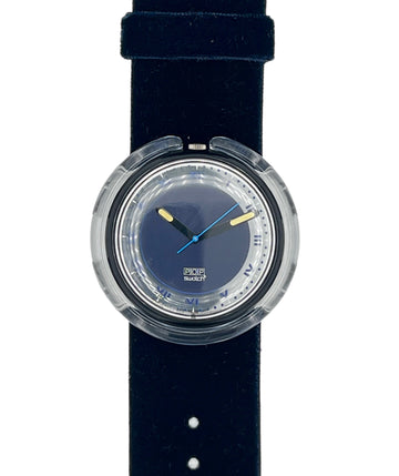 Watch with a black strap and clear face on a white background