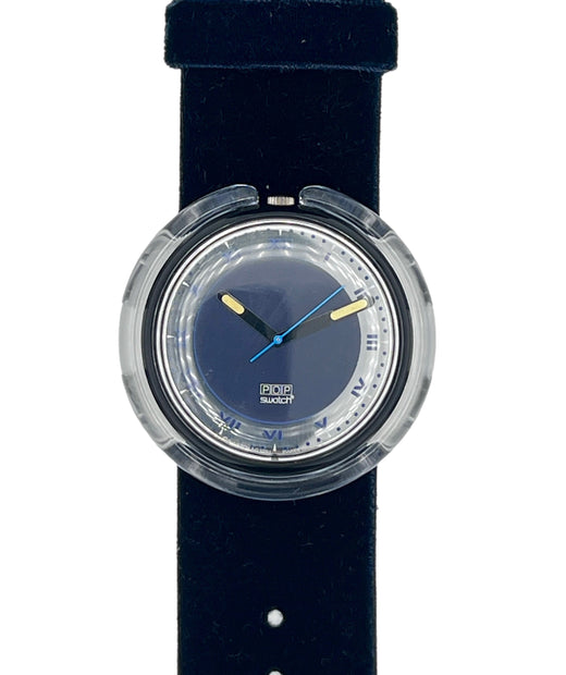 Watch with a black strap and clear face on a white background