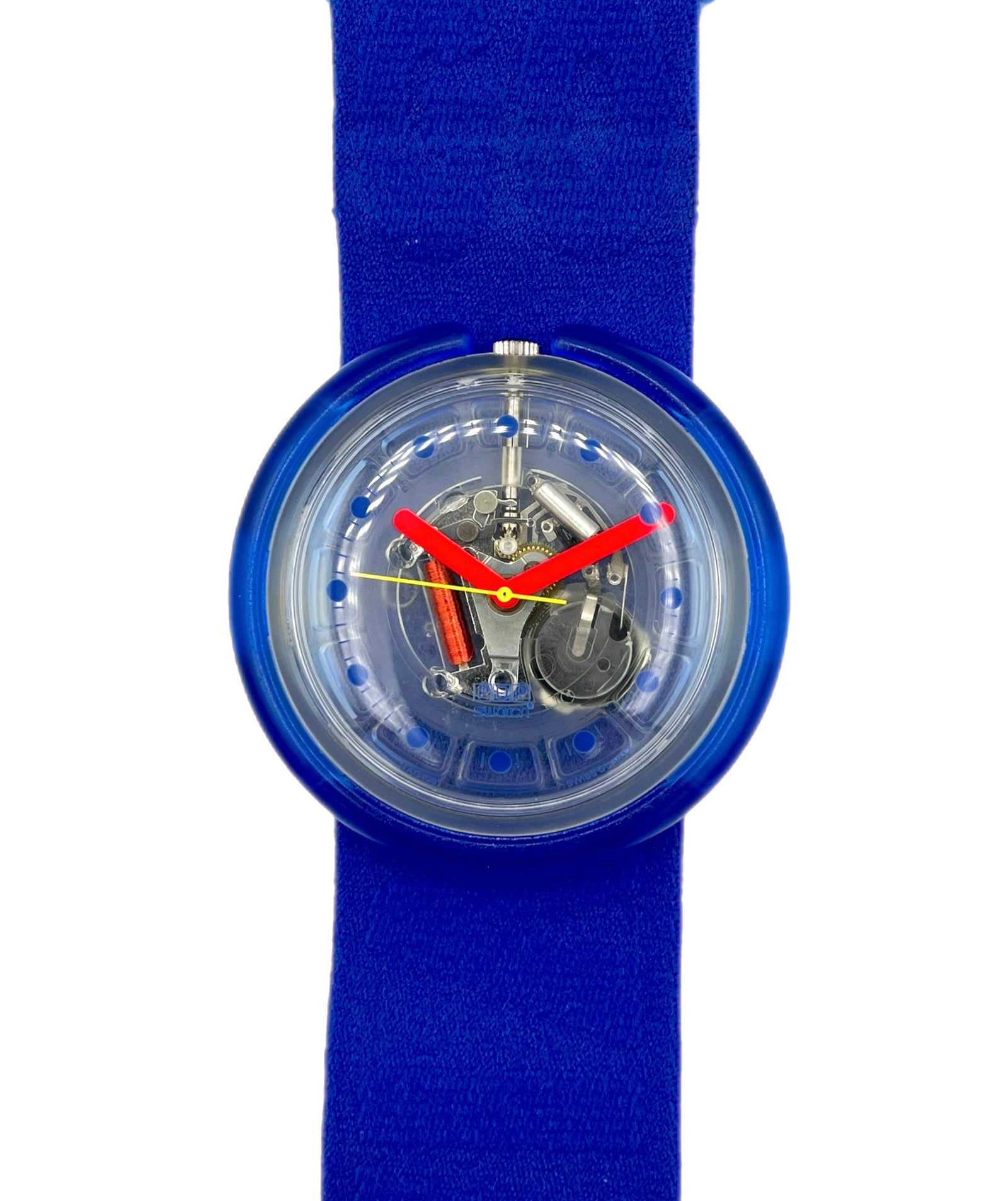 Blue wristwatch with a transparent case on a white background
