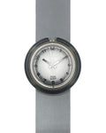 Wristwatch with a gray strap and black case on a white background