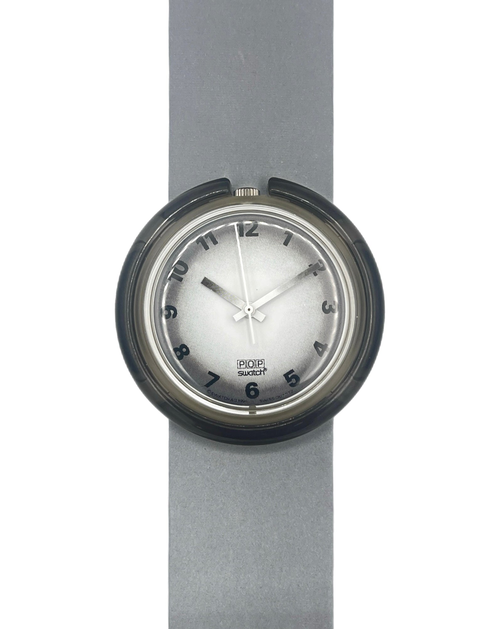 Wristwatch with a gray strap and black case on a white background