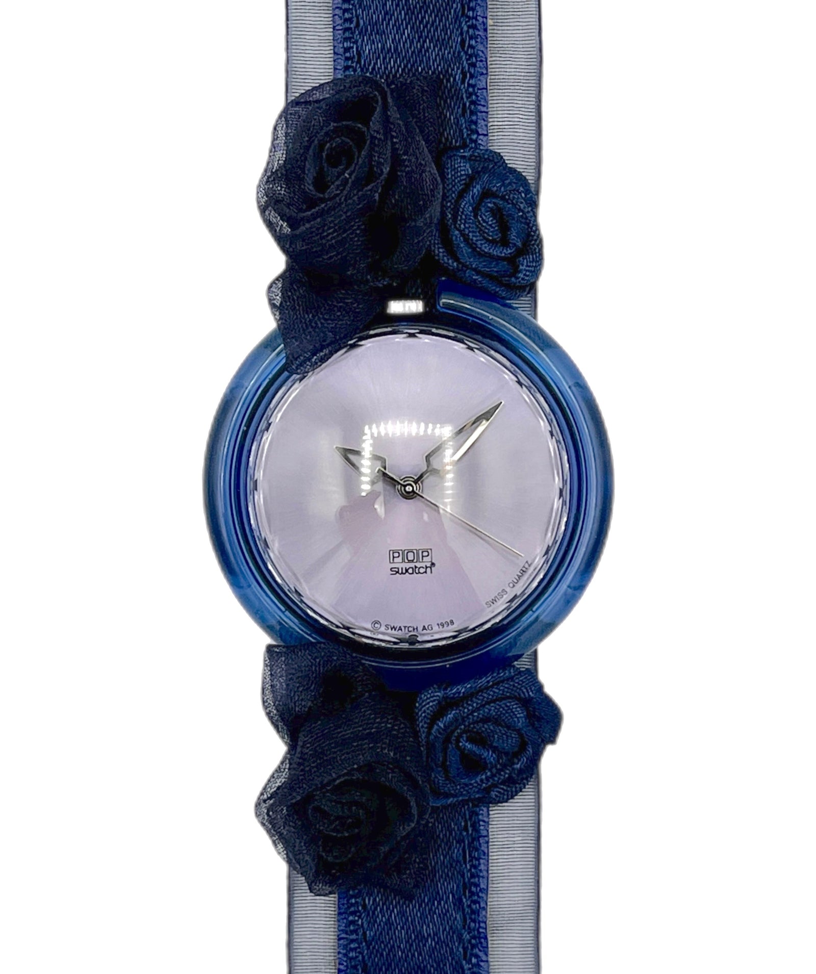 Wristwatch with blue floral straps on a white background