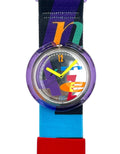A Swatch wristwatch with a colorful, patterned fabric strap and a translucent purple bezel, shown against a plain white background.