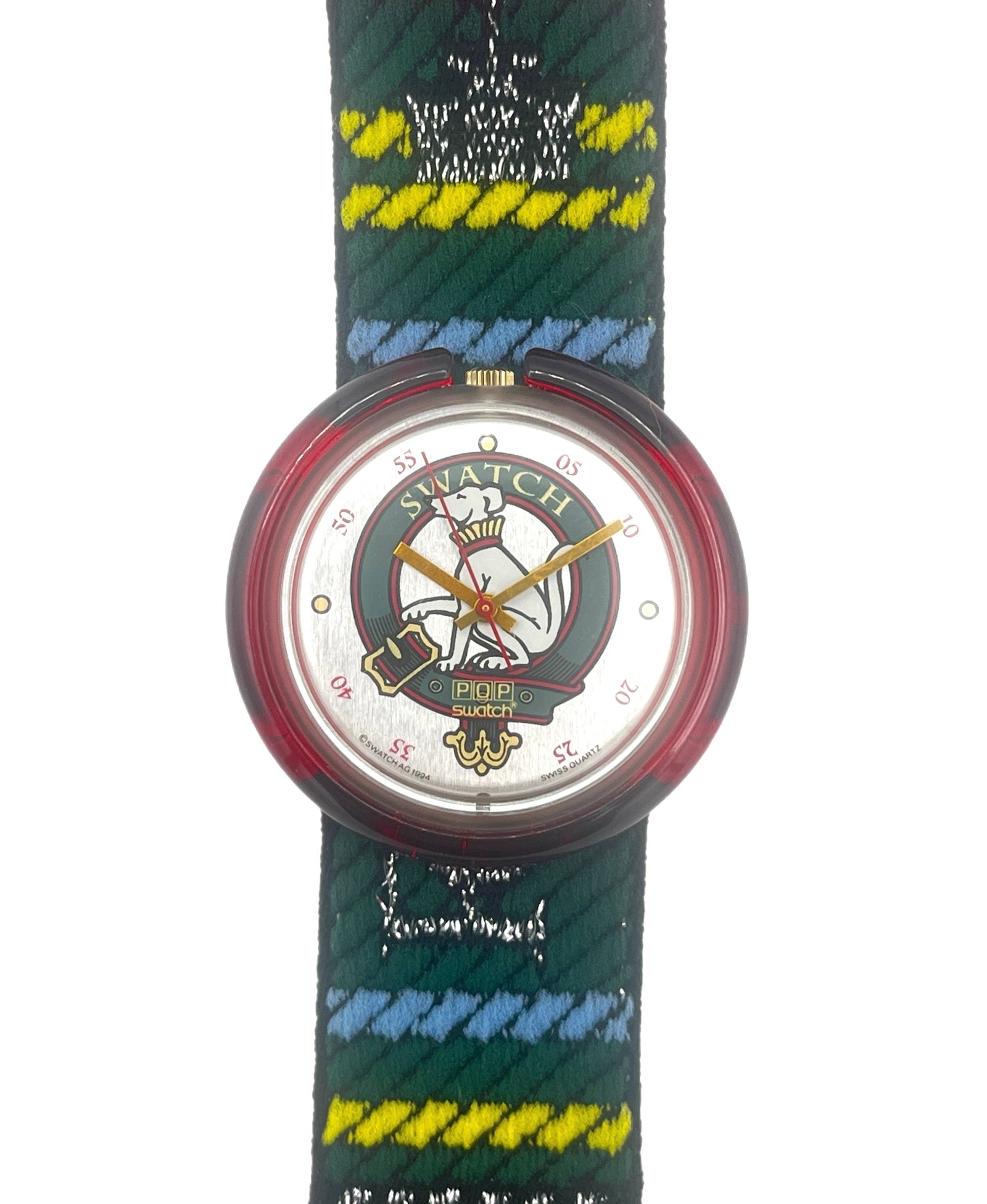 Swatch watch with colorful strap on a white background