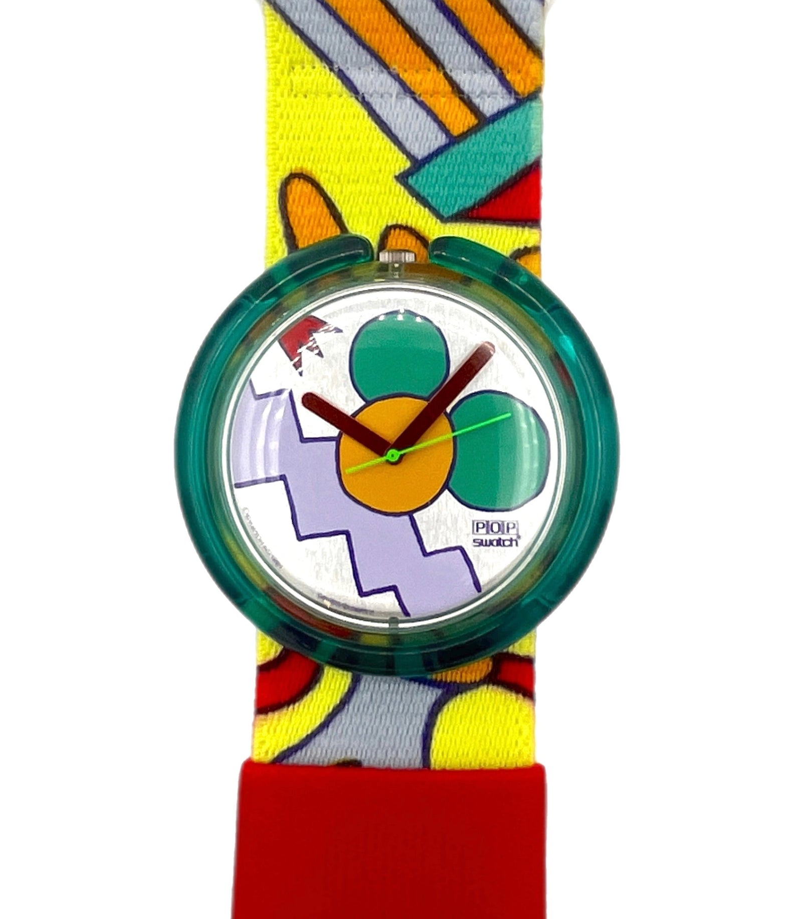 Colorful watch with a patterned strap on a white background