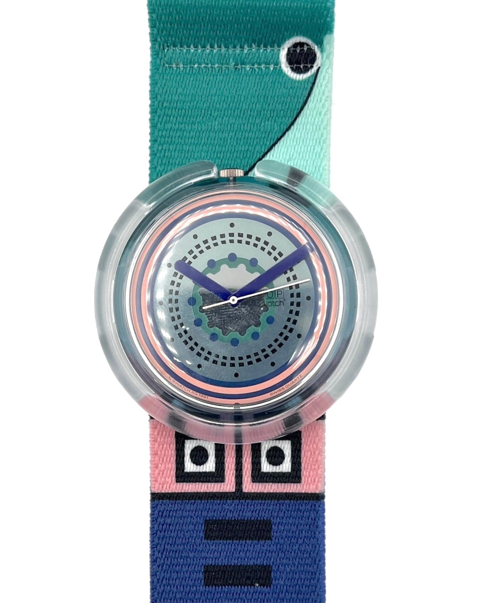 Watch with a teal strap and colorful face on a white background