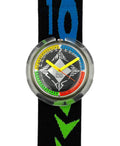 Colorful watch with a black strap featuring green arrows on a white background