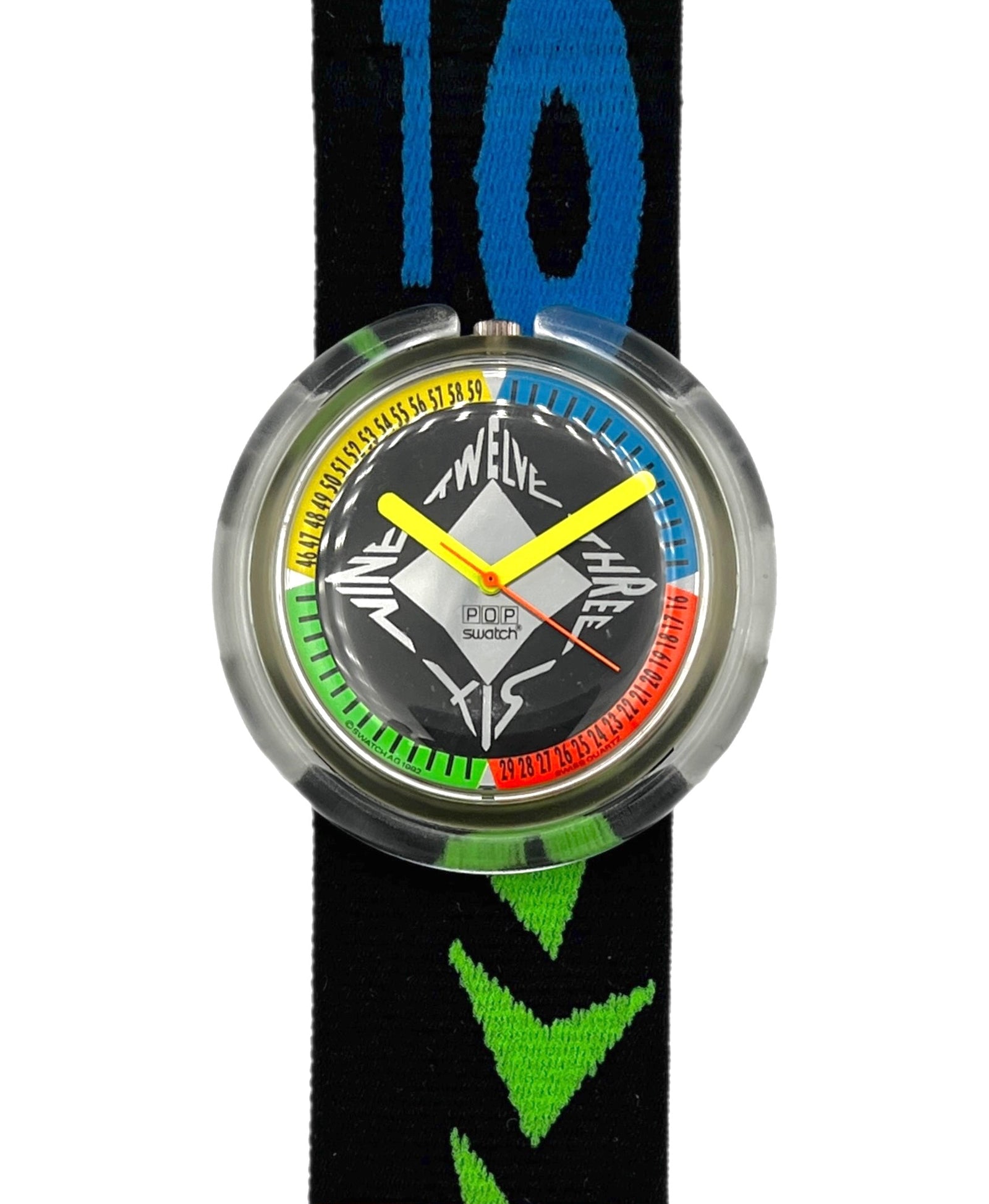 Colorful watch with a black strap featuring green arrows on a white background