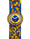 Watch with gold decorative band and blue strap on a white background
