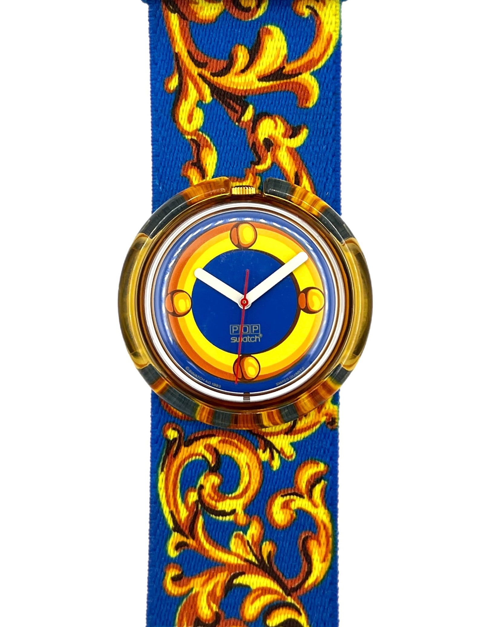 Watch with gold decorative band and blue strap on a white background
