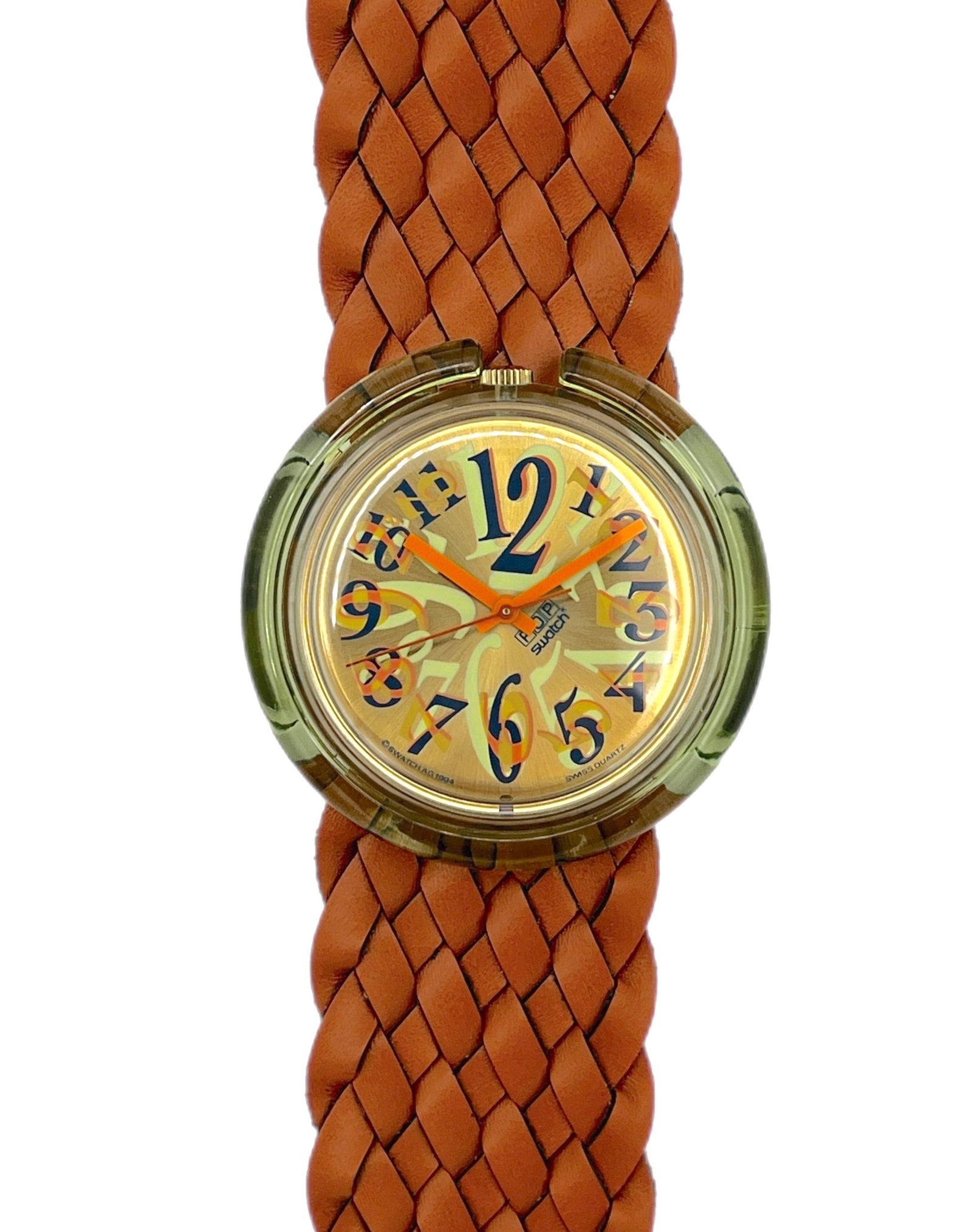 Wristwatch with braided brown strap on a white background