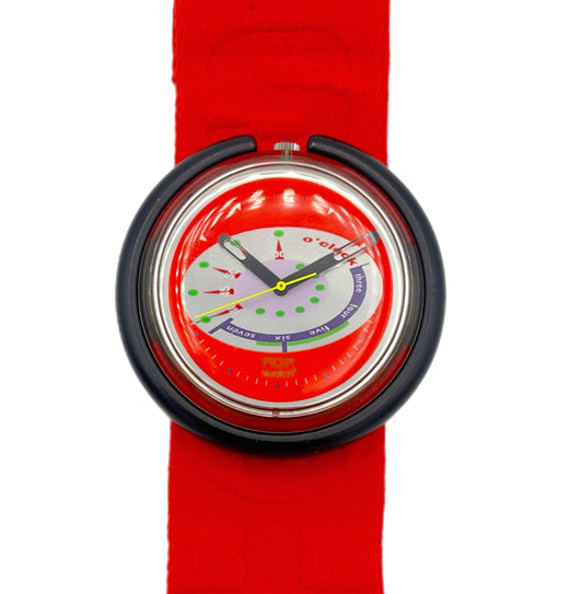 Red watch with a unique face on a white background