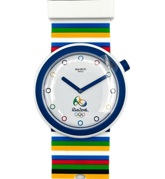 Swatch watch with Olympic-themed strap on a white background
