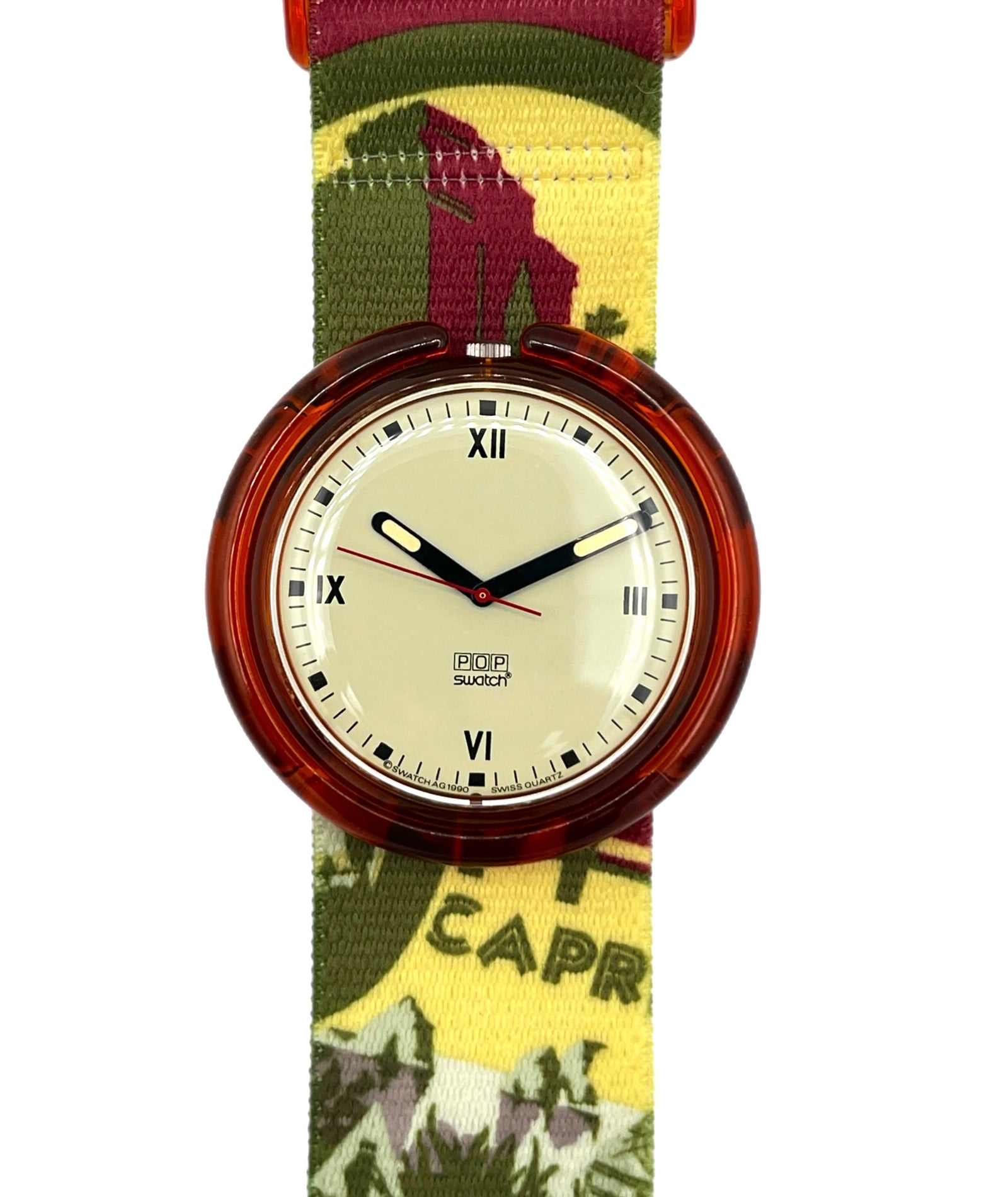 Watch with a wooden case and colorful strap on a white background