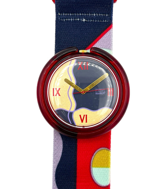 Colorful watch with a patterned strap on a white background
