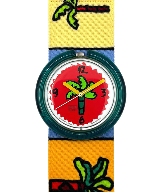 Watch with a colorful strap featuring palm tree designs on a white background
