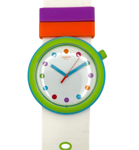 Colorful Pop Swatch with a white strap on a white background