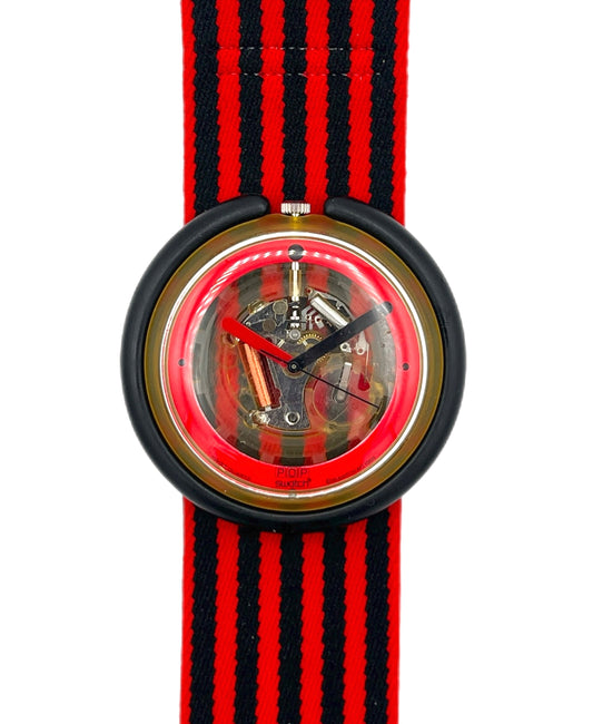 Watch with red and black striped strap on a white background