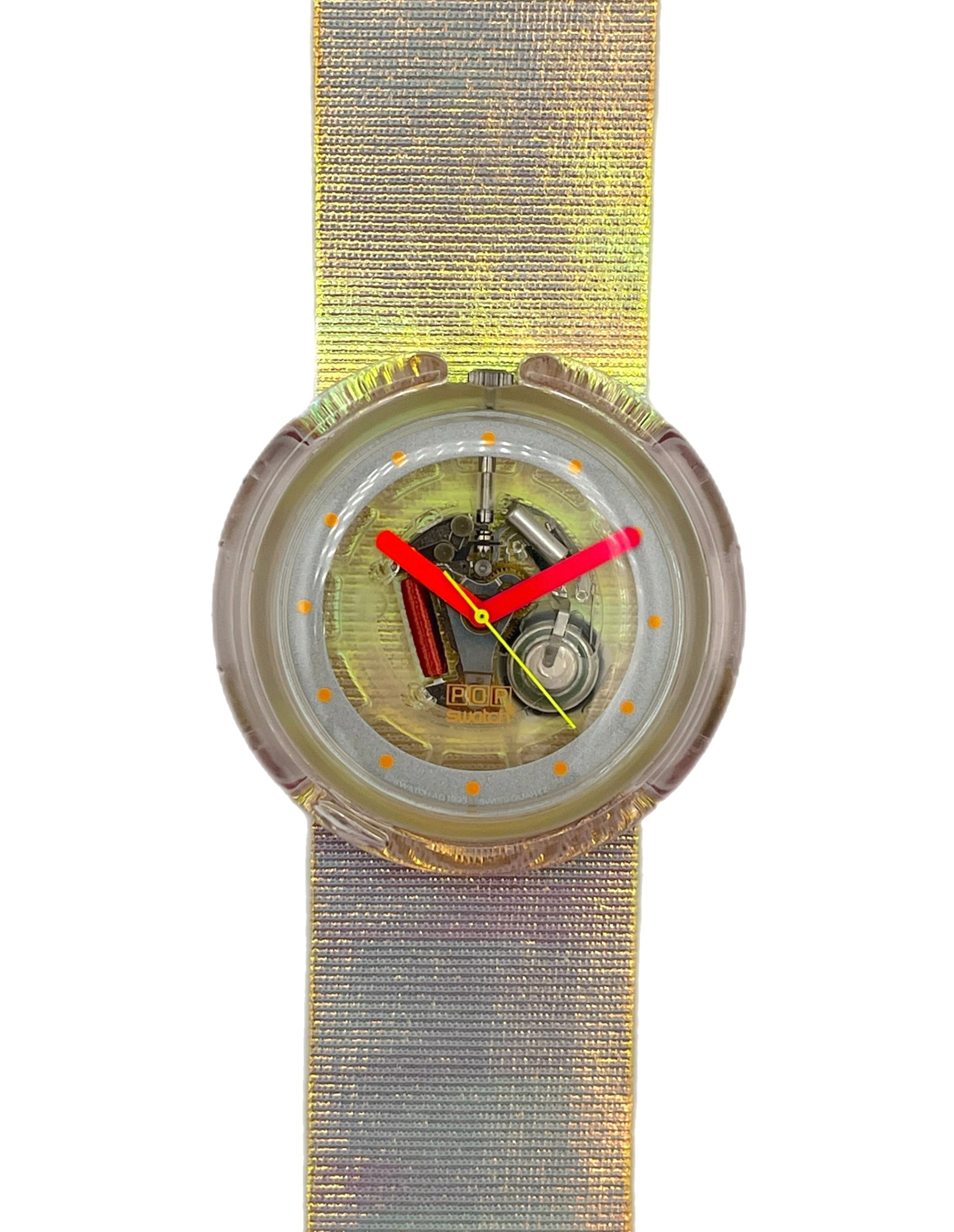 Watch with a transparent face and red hands on a white background