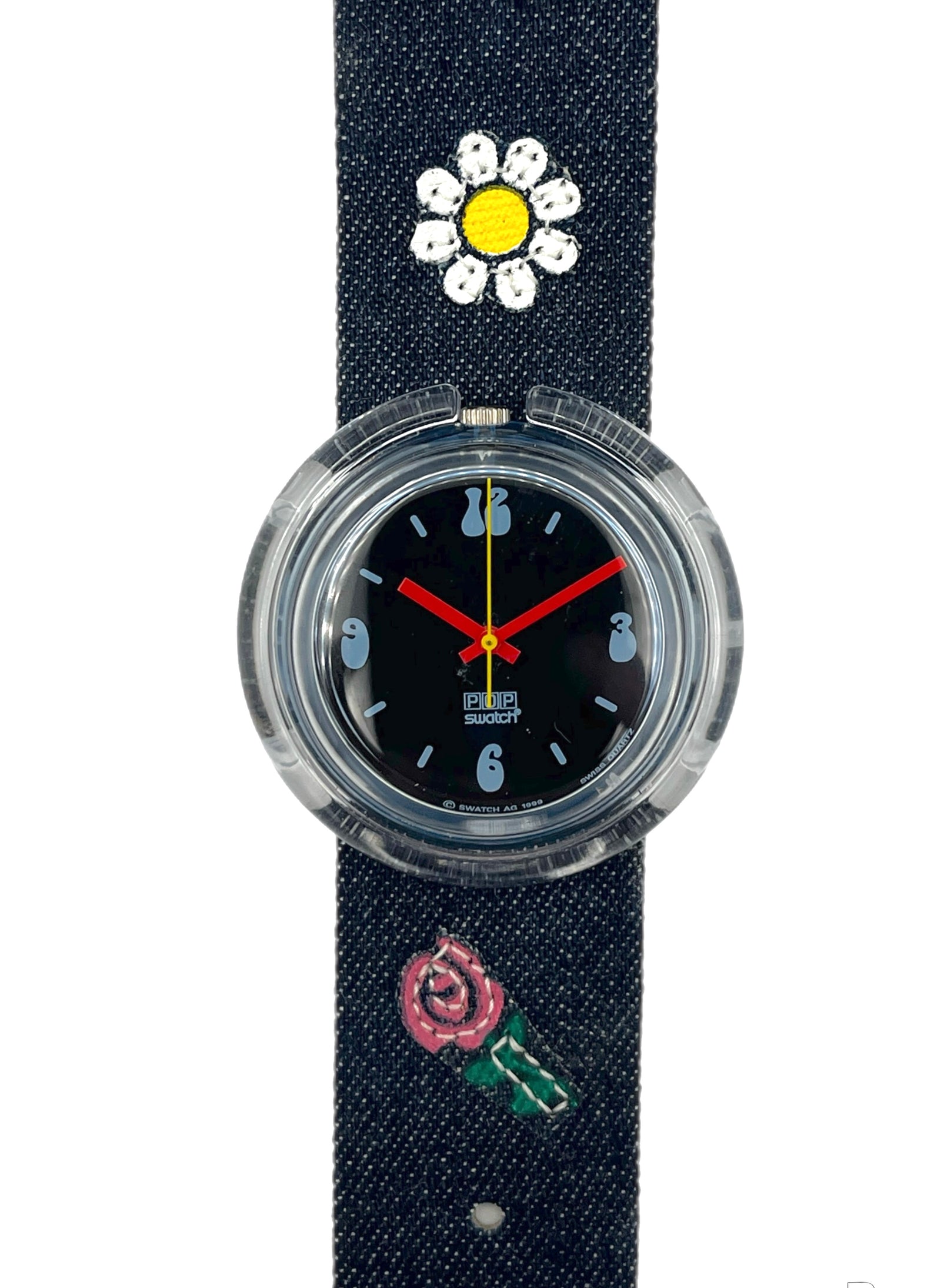 Wristwatch with floral designs on a dark blue strap against a white background