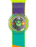 A colorful wristwatch with a bright striped fabric strap in neon yellow, purple, teal, and orange, featuring a translucent green bezel and a black watch face with white numerals.