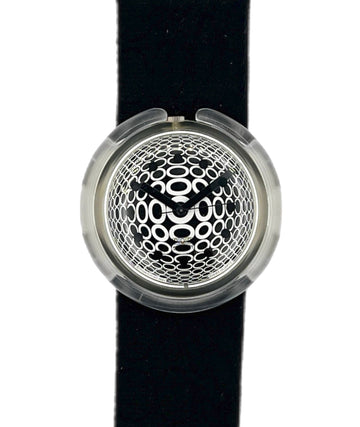 A wristwatch with a black strap and a round silver-toned case featuring a distinctive black-and-white geometric pattern dial.