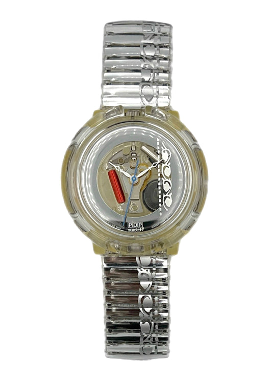 Silver watch with a clear face on a white background