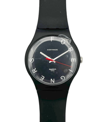 Black Swatch watch with a clear face on a white background