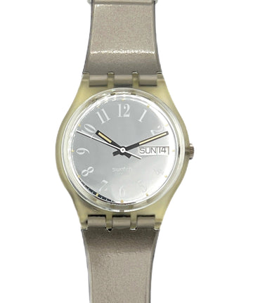 Silver watch with a white face on a white background