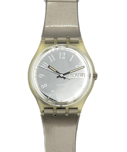 Silver watch with a white face on a white background