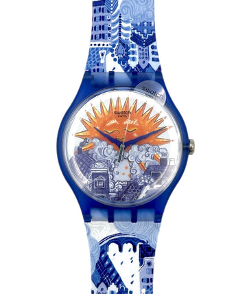 Swatch watch with blue and white patterned strap and orange sun design on face