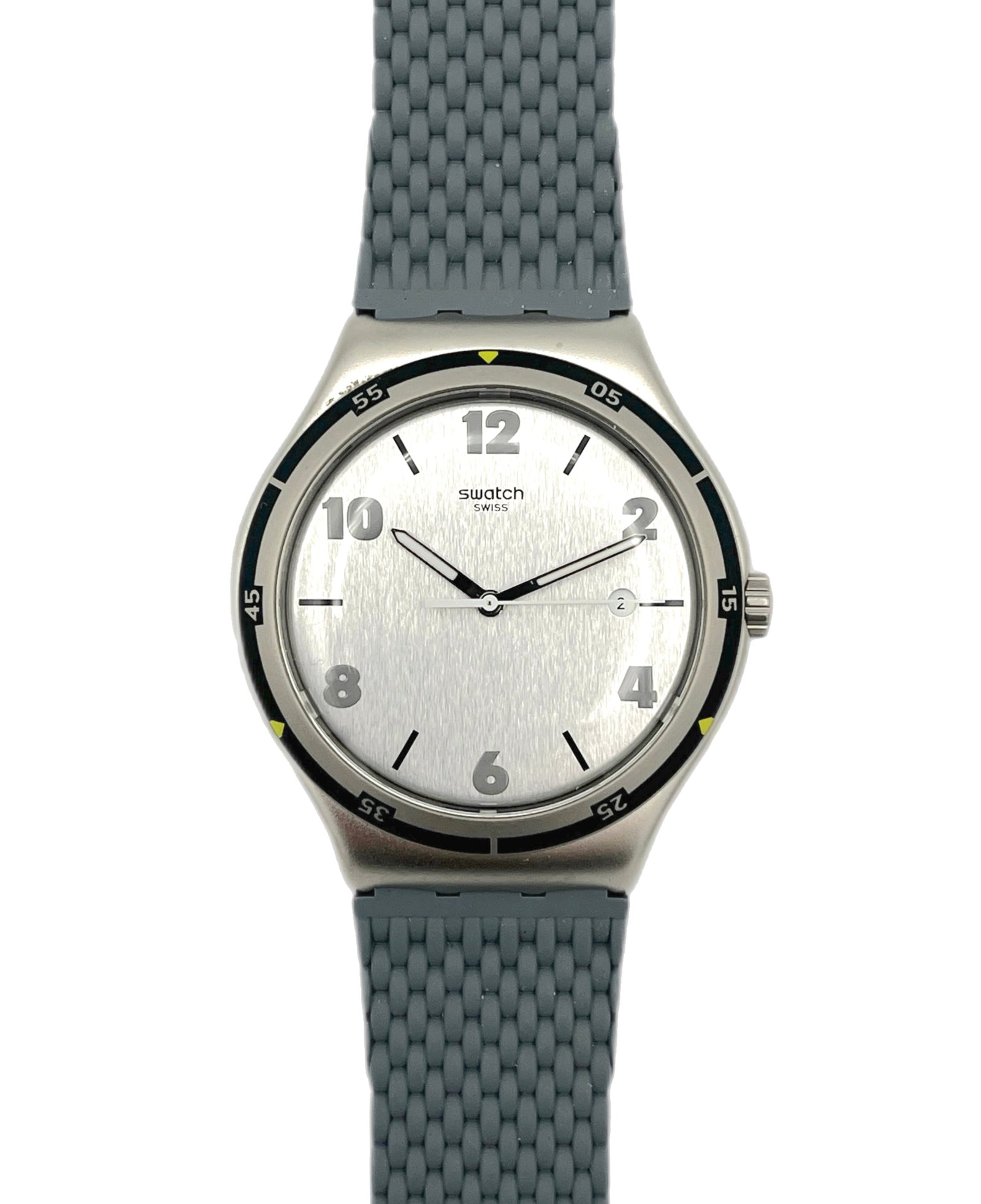 Swatch watch with gray strap and silver case on a white background
