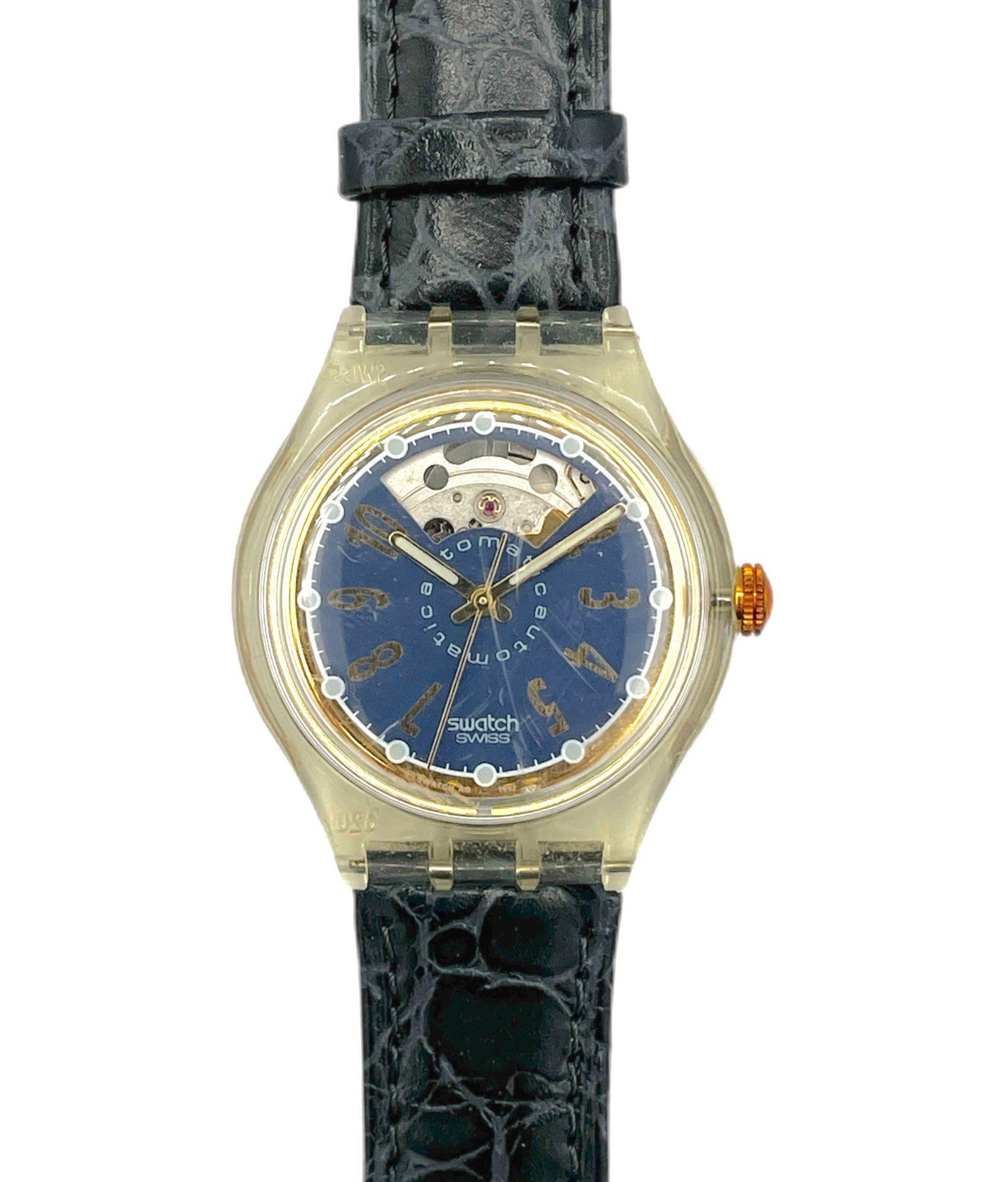 Swatch watch with blue face and black strap on a white background