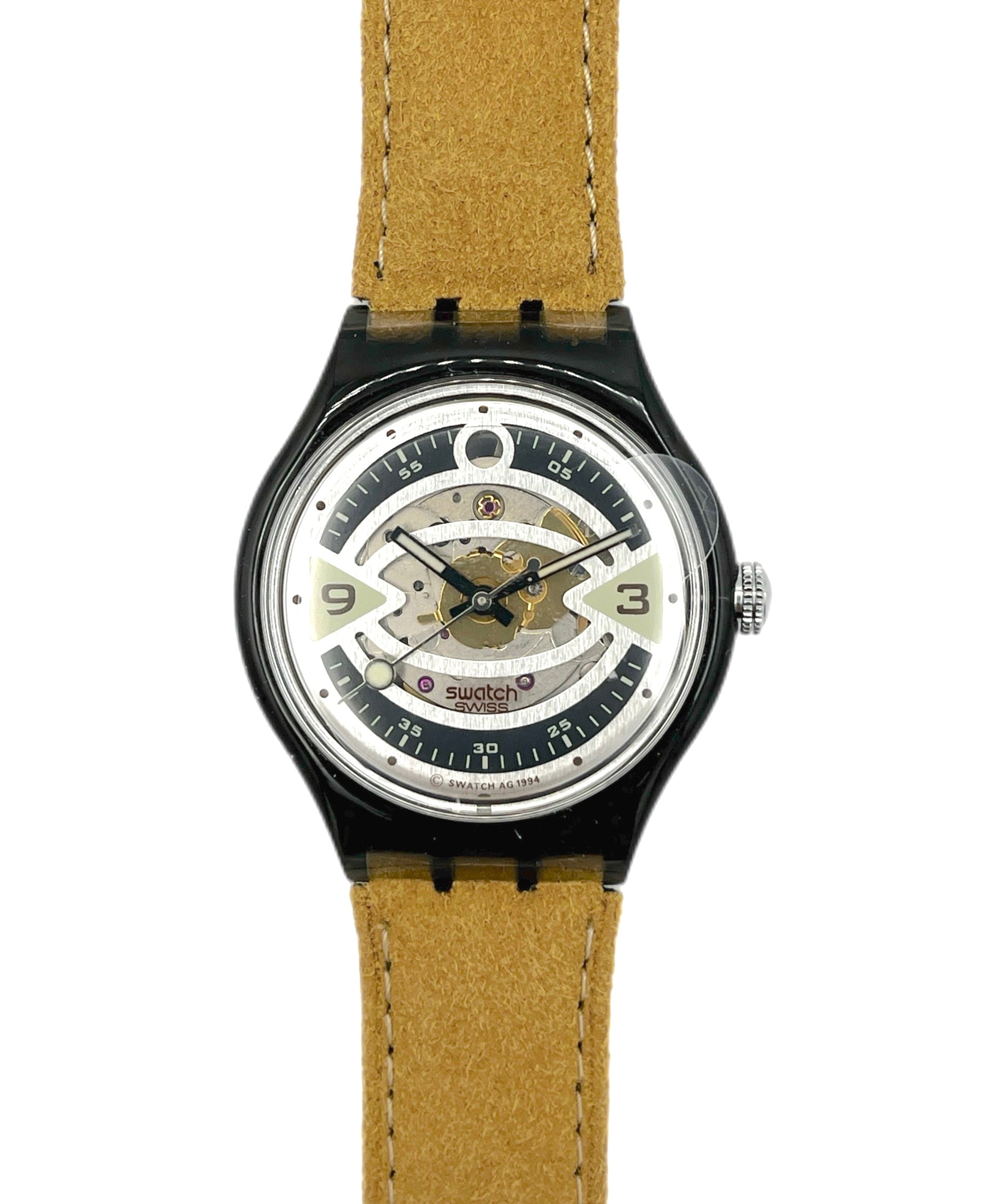 Watch with a brown strap and visible brand name on a white background
