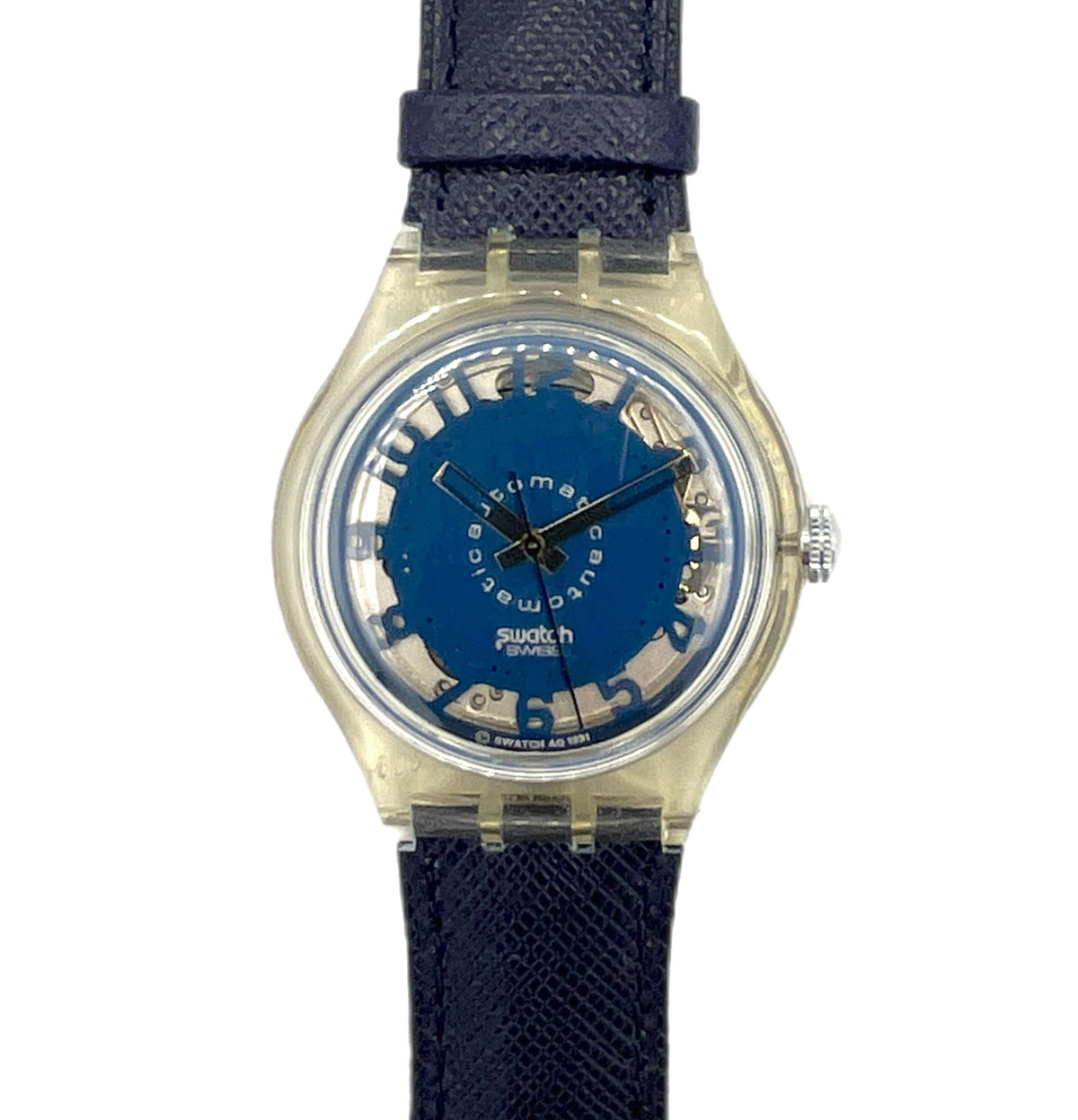 Watch with blue face and strap on a white background