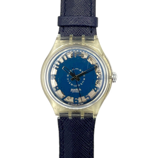 Watch with blue face and strap on a white background
