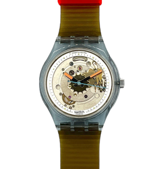 Swatch watch with a red and brown strap on a white background