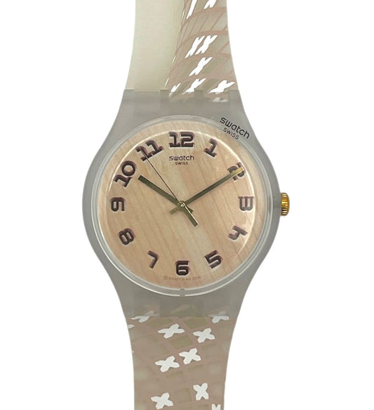 Swatch watch with butterfly pattern on strap against a white background