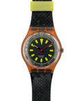 Swatch watch with black strap and yellow accents on a white background