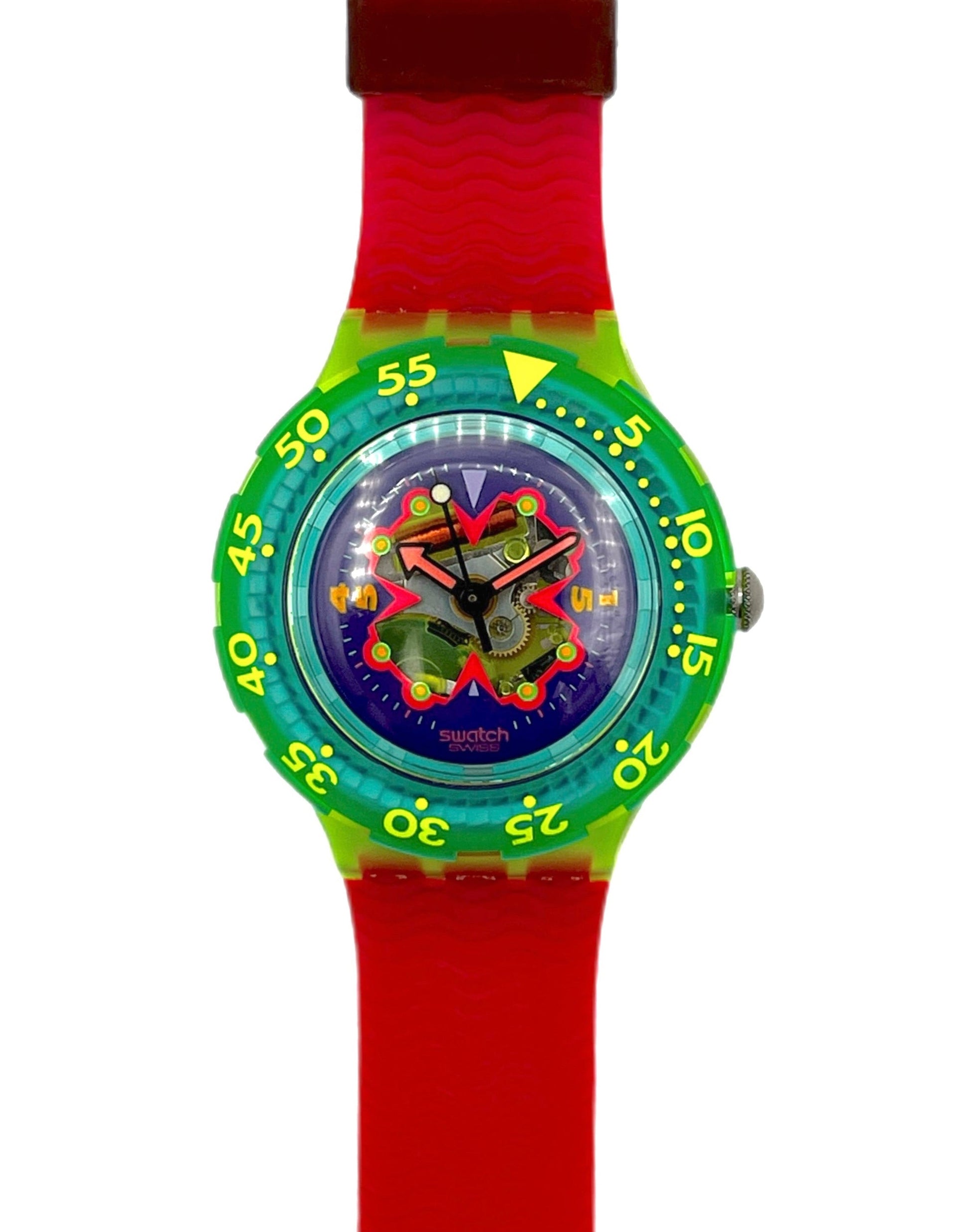 Colorful watch with a red strap on a white background