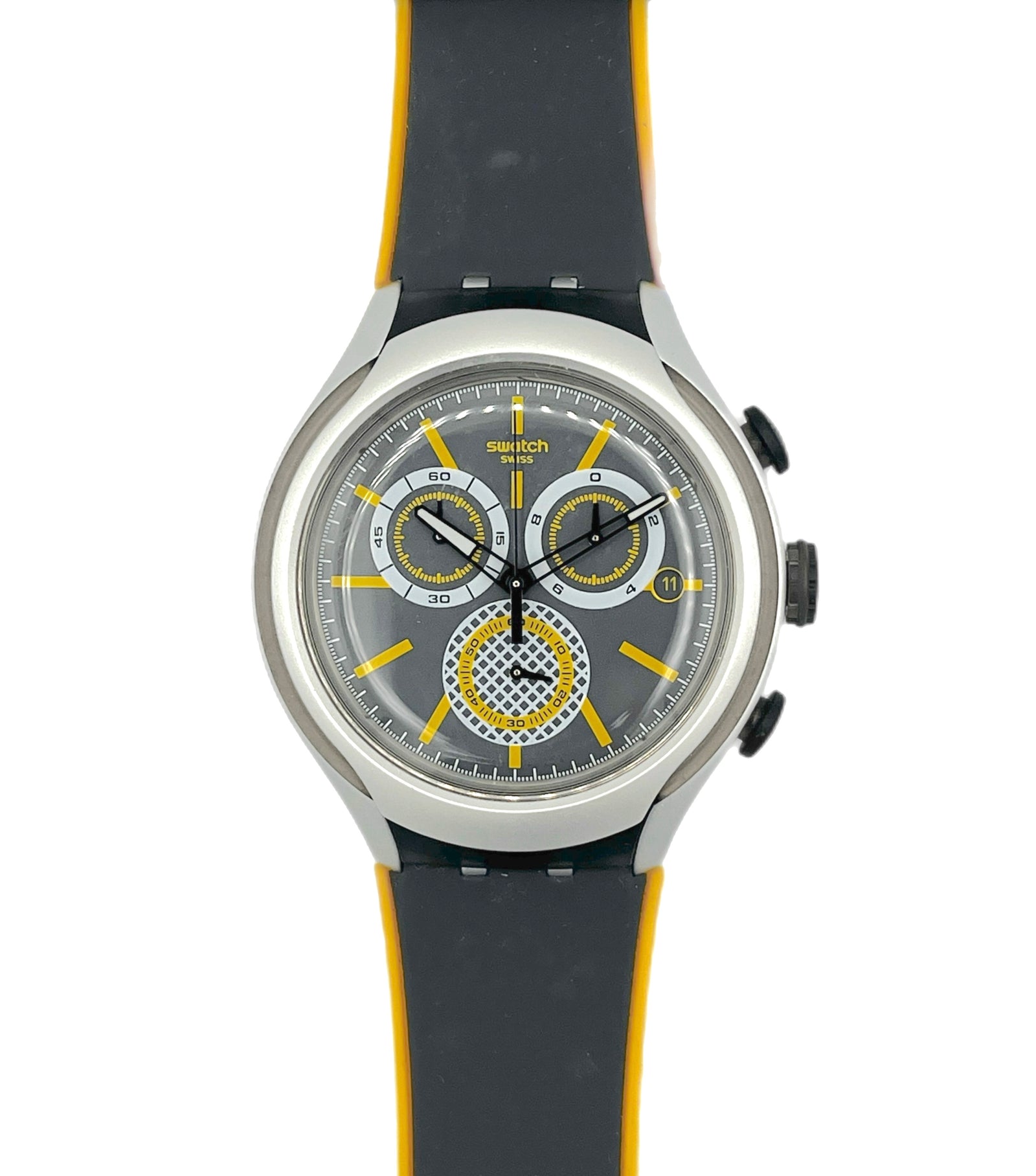 Wristwatch with black strap and gray dial on a white background